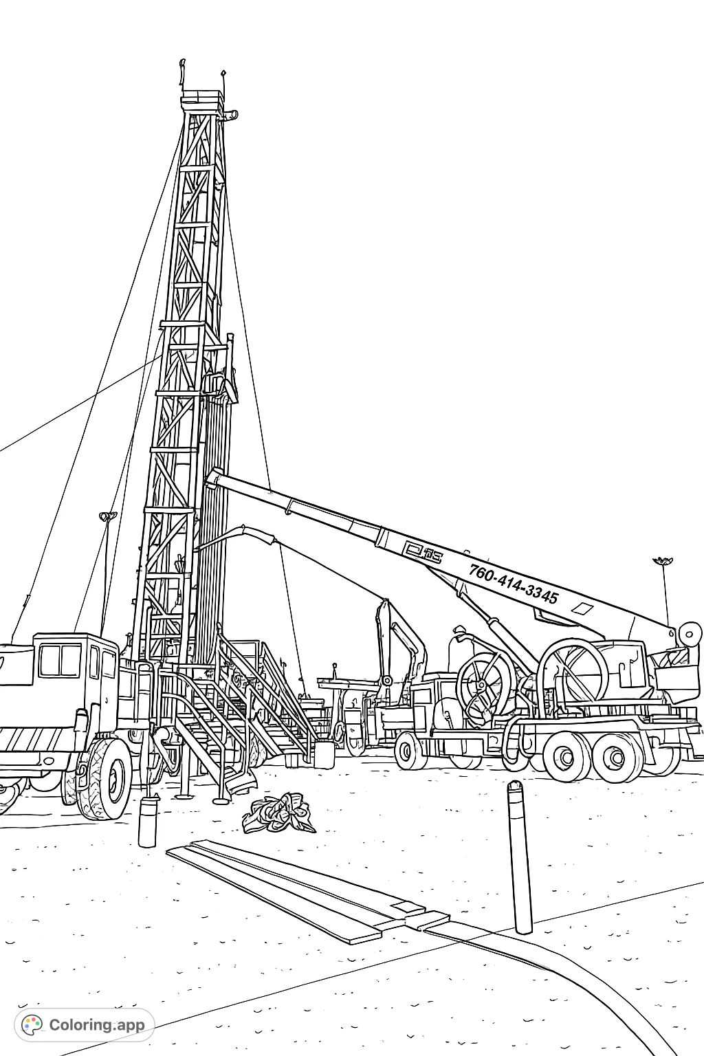 Explore the intricate details of an industrial drilling rig and heavy machinery. A challenging coloring page for enthusiasts of engineering and construction.