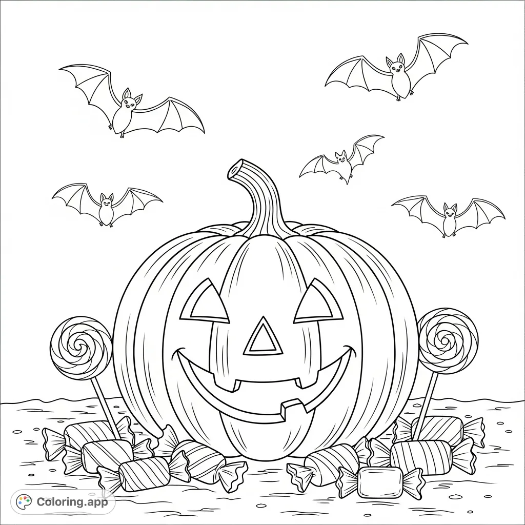 A cheerful Halloween coloring page featuring a smiling pumpkin surrounded by delicious candies and flying bats, perfect for festive fun.