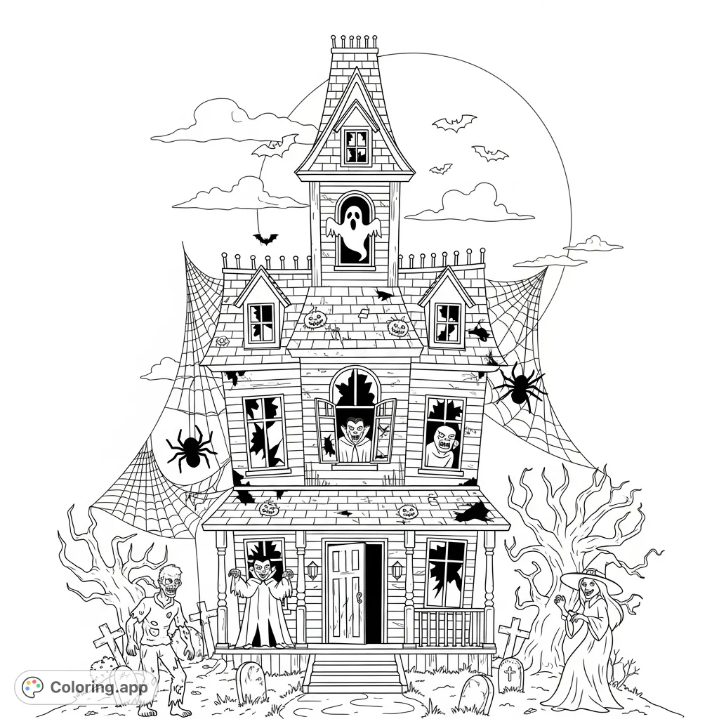 Explore a scary haunted house coloring page featuring a dilapidated mansion, a full moon, and a host of classic monsters like ghosts, vampires, and zombies.