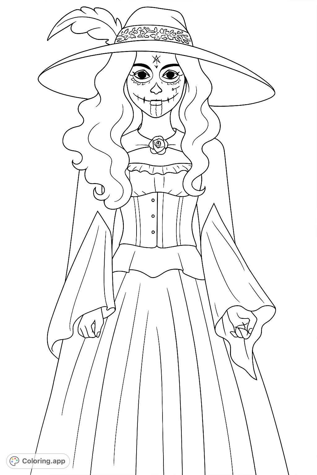 A captivating sorceress in a wide hat and flowing gown, featuring intricate facial markings and detailed attire. Perfect for fantasy lovers.