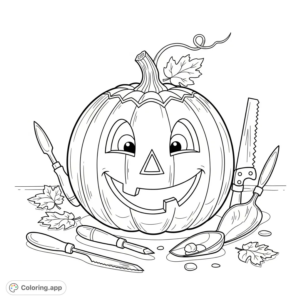 Celebrate Thanksgiving with this cheerful pumpkin carving coloring page. Features a happy pumpkin and carving tools, perfect for festive creativity.