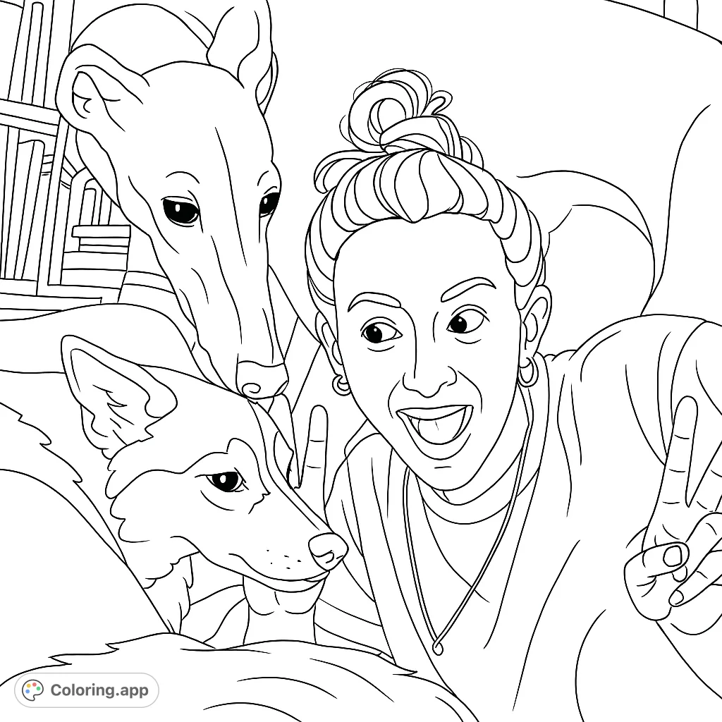 Capture a heartwarming moment of a person playfully interacting with their two beloved canine companions. A fun and engaging coloring page for pet lovers.