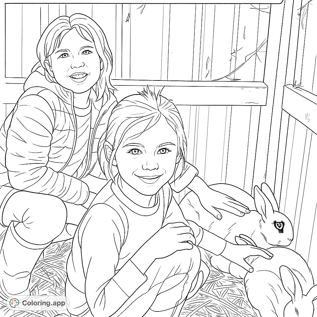 Two happy girls interact with adorable rabbits in a rustic pen. A delightful scene, perfect for animal lovers to color and personalize.