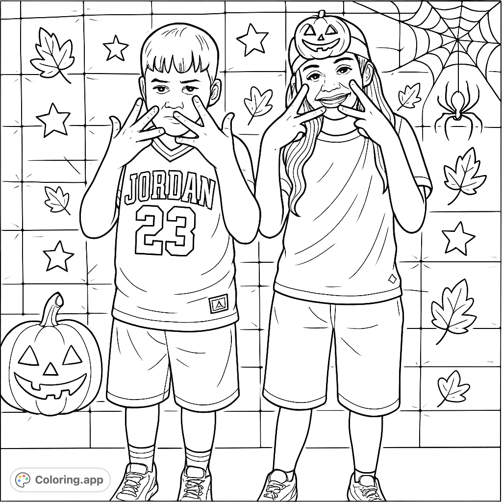 Capture the cool vibe of two kids striking poses against a textured backdrop. A fun, hip hop coloring page for creative expression and urban style.