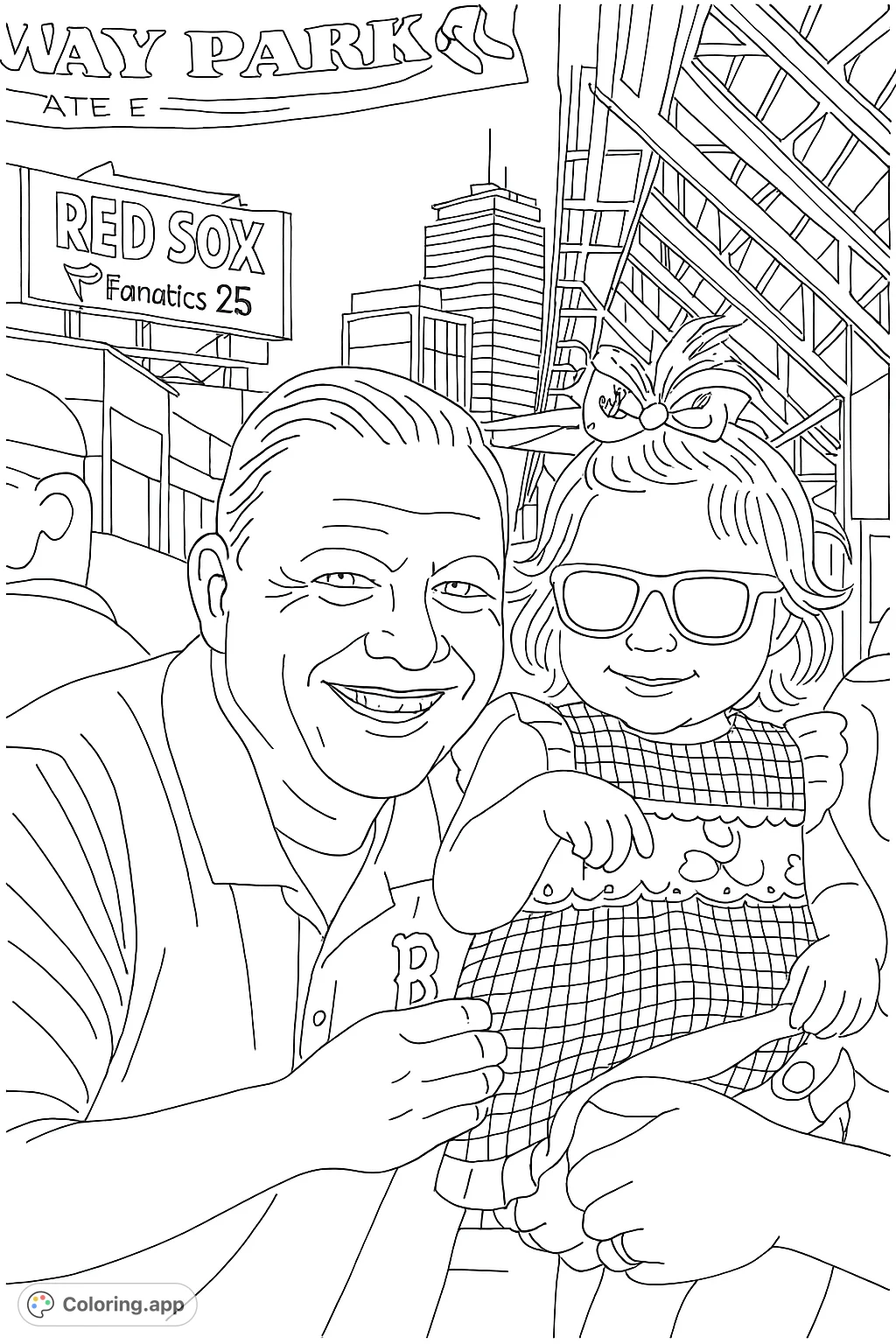 Capture a heartwarming moment at the stadium with a smiling man and child. This simple coloring page is perfect for fans of all ages, offering a delightful scene to personalize.