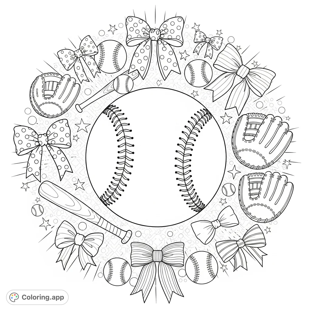 A charming softball coloring page featuring a central softball, decorative bows, and retro-inspired sports elements, perfect for fans of all ages.