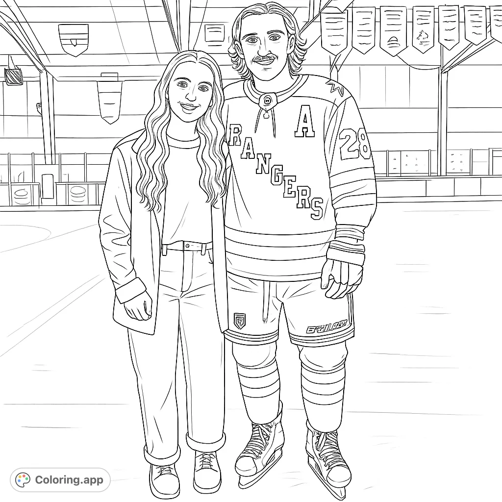 A smiling couple on an ice rink, one in a hockey uniform, ready for a fun coloring session. Perfect for sports fans and enthusiasts.