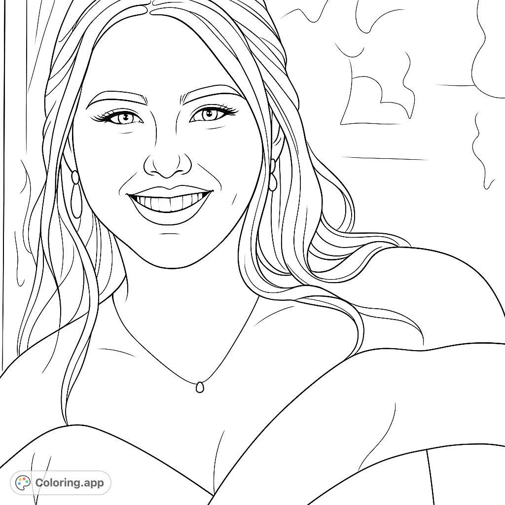 A beautiful portrait of a smiling woman, perfect for a relaxing coloring experience. Capture her elegance and joy.