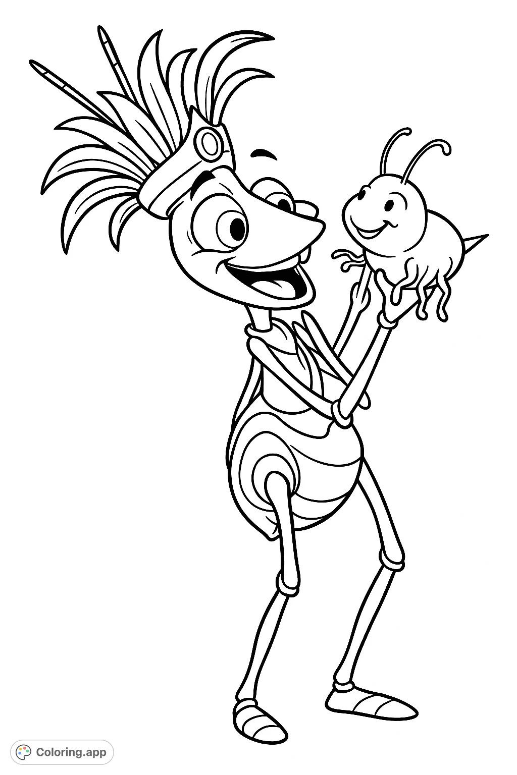 A delightful cartoony ant queen with a floral crown holds a cheerful caterpillar. Perfect for a fun, detailed coloring adventure.