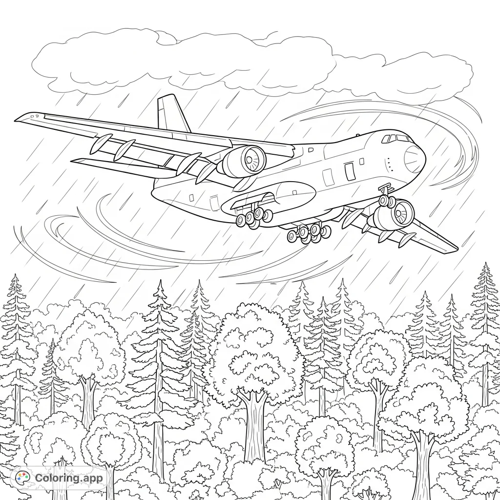 A powerful cargo plane navigates a fierce storm over a dense forest, offering an exciting and challenging coloring adventure for aviation enthusiasts.