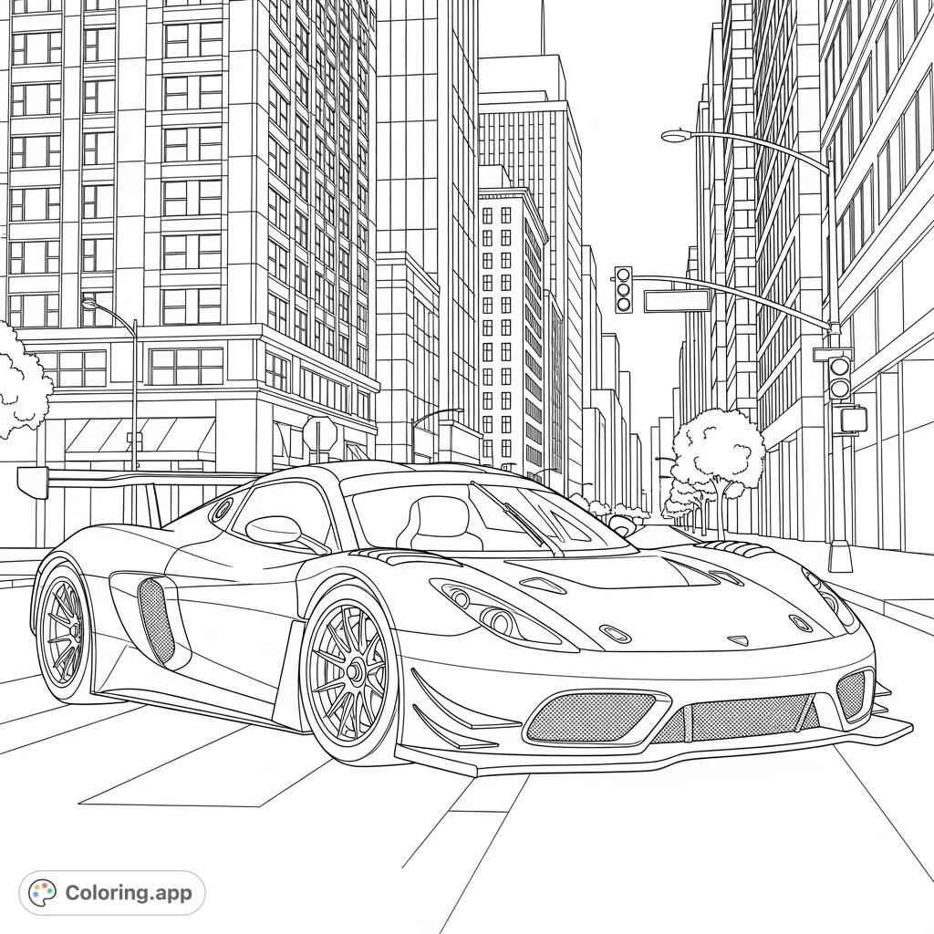 Color a dynamic race car speeding through a bustling city street on a bright day. Perfect for car enthusiasts and urban scene lovers.