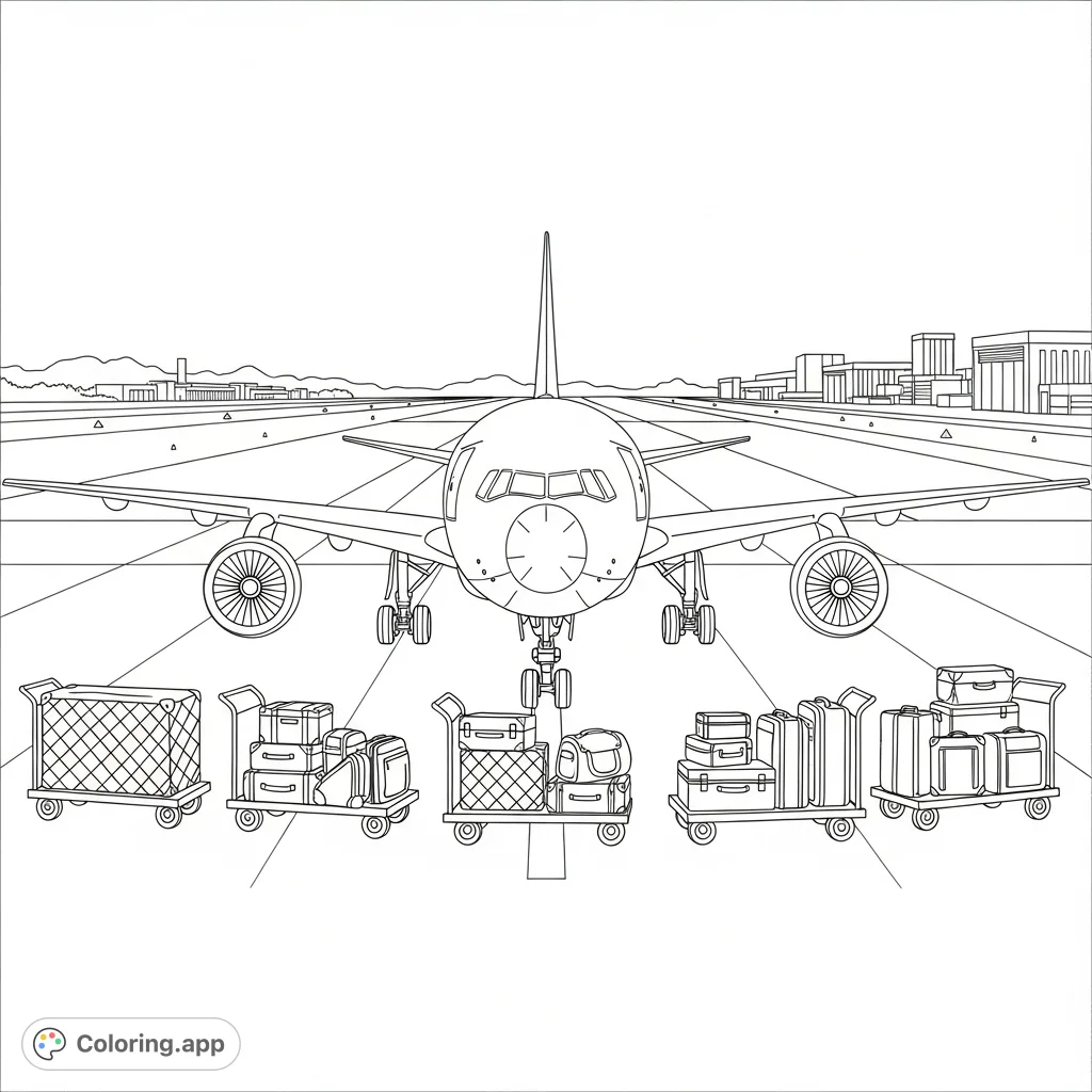 A detailed jet plane coloring page, featuring a large aircraft parked on an airport tarmac with baggage carts and distant airport buildings. Perfect for aviation enthusiasts.