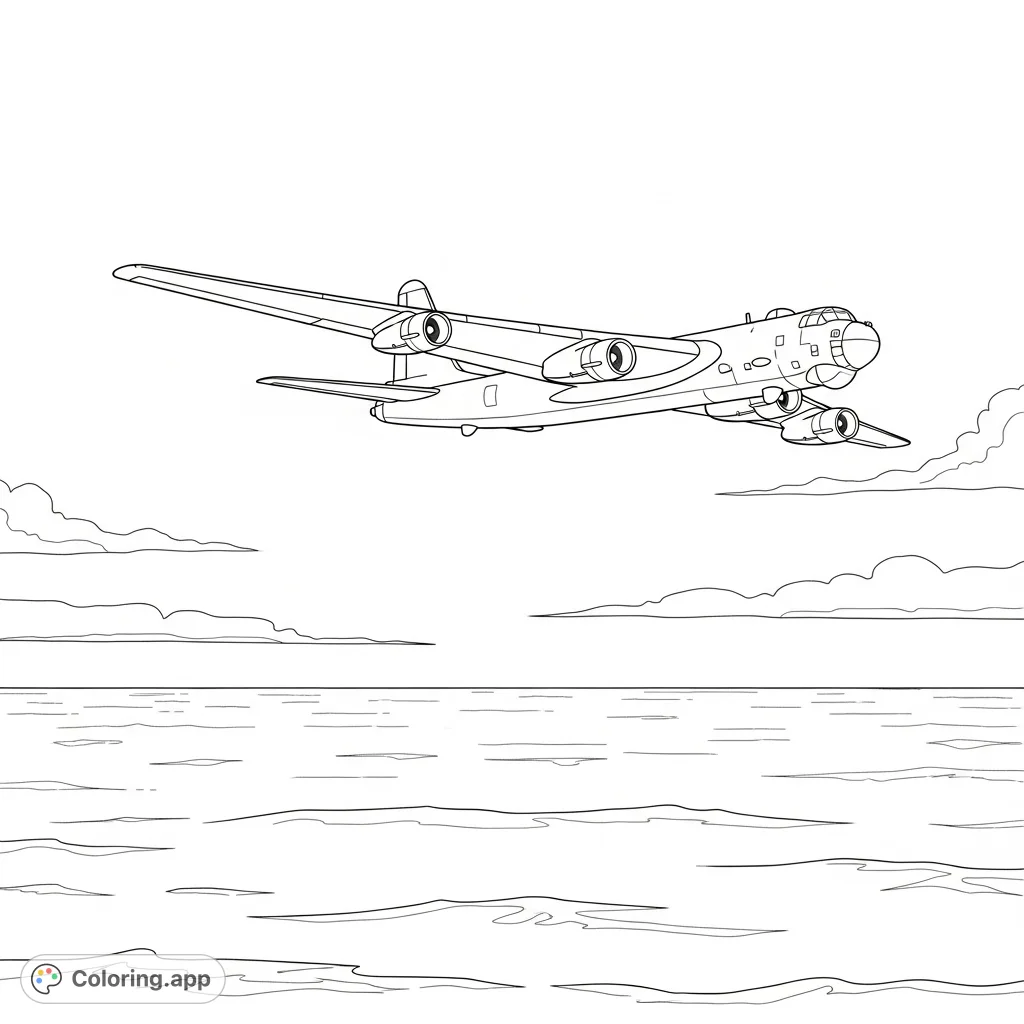 Soar into action with this military bomber coloring page, depicting a powerful aircraft flying over a vast, open sea. Perfect for aviation enthusiasts.