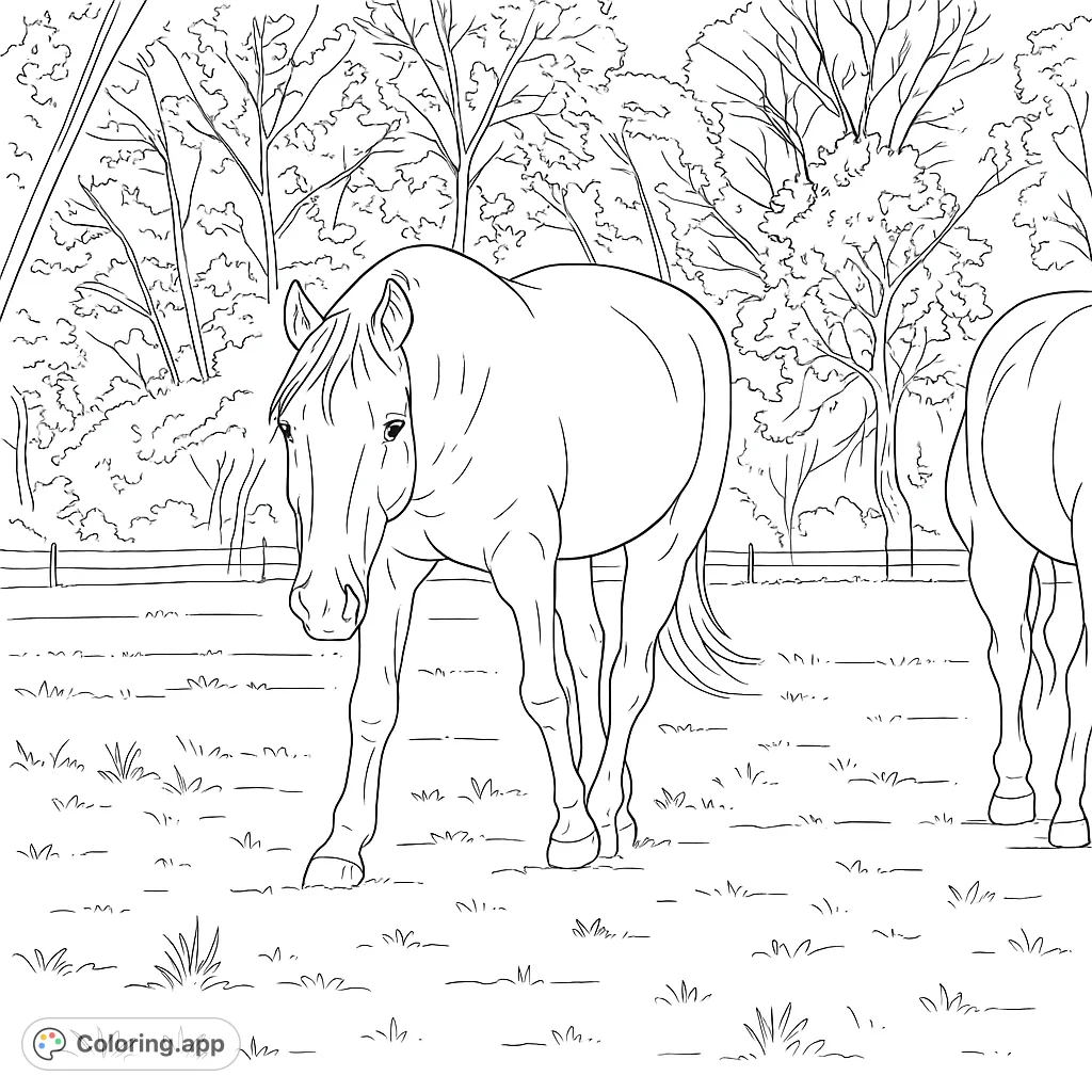 A beautiful horse stands in a grassy field, with another horse nearby. A serene farm animal scene perfect for a relaxing coloring experience.
