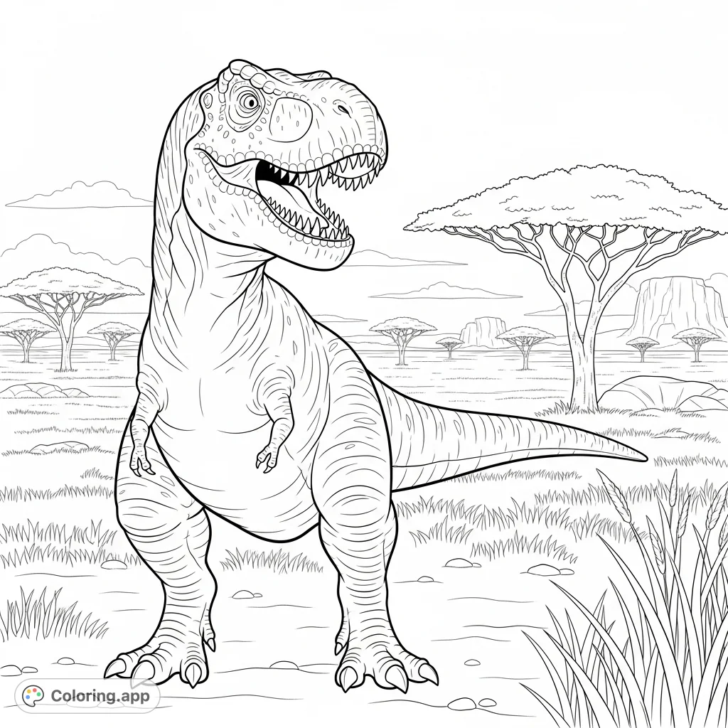 A cheerful T-Rex grins in a savanna, surrounded by acacia trees and tall grasses. A fun dinosaur coloring page for all ages.