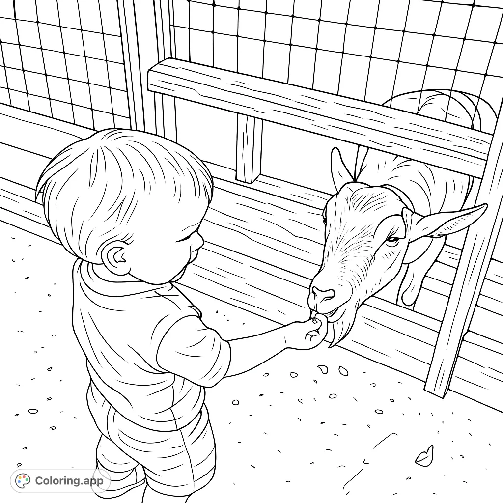 Capture a heartwarming moment as a child feeds a gentle goat at the farm. A delightful animal interaction scene perfect for young colorists.