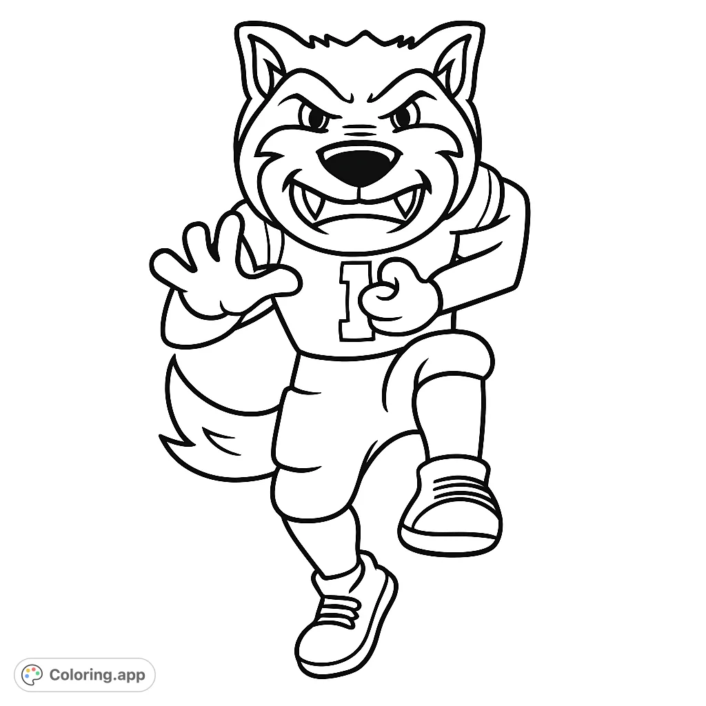 Dynamic wolf mascot in a football uniform, running with the ball. Perfect for sports fans and animal lovers, ready for your creative touch.