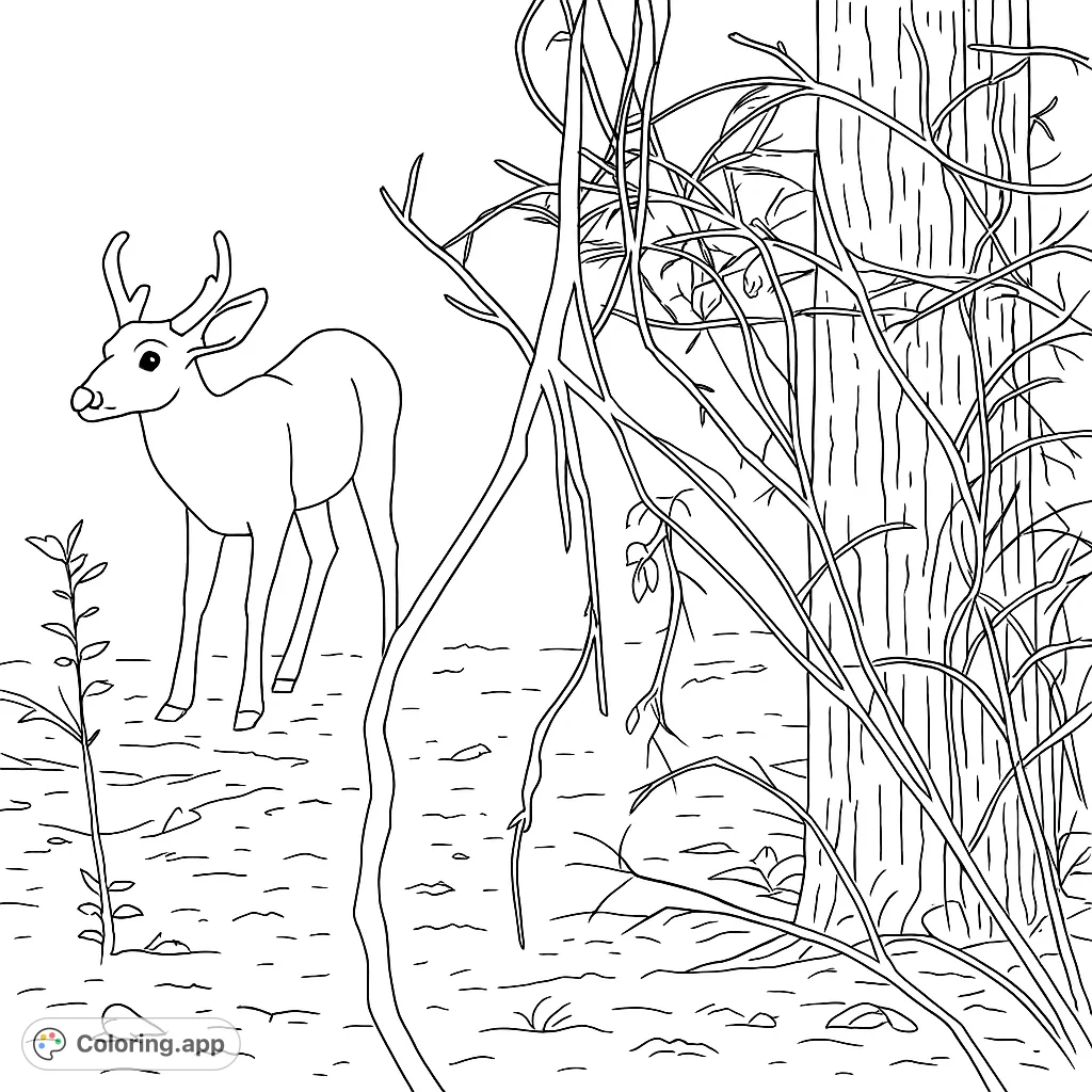A captivating young buck with small antlers stands alert in a dense forest, surrounded by intricate branches and foliage. Perfect for nature lovers.