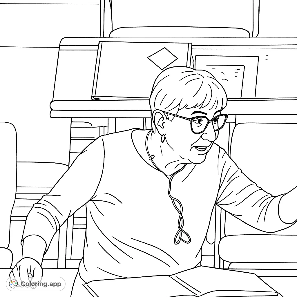 Capture a moment of a professional woman speaking, with detailed features and a formal setting. A thoughtful coloring page for focus and creativity.