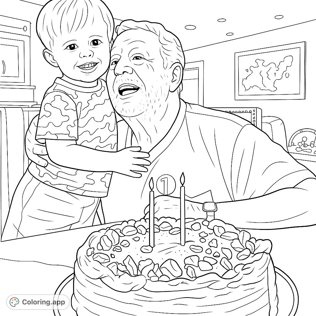 Capture a heartwarming family moment with a grandfather and grandchild embracing, celebrating with a delicious cake. A joyful scene for all ages.