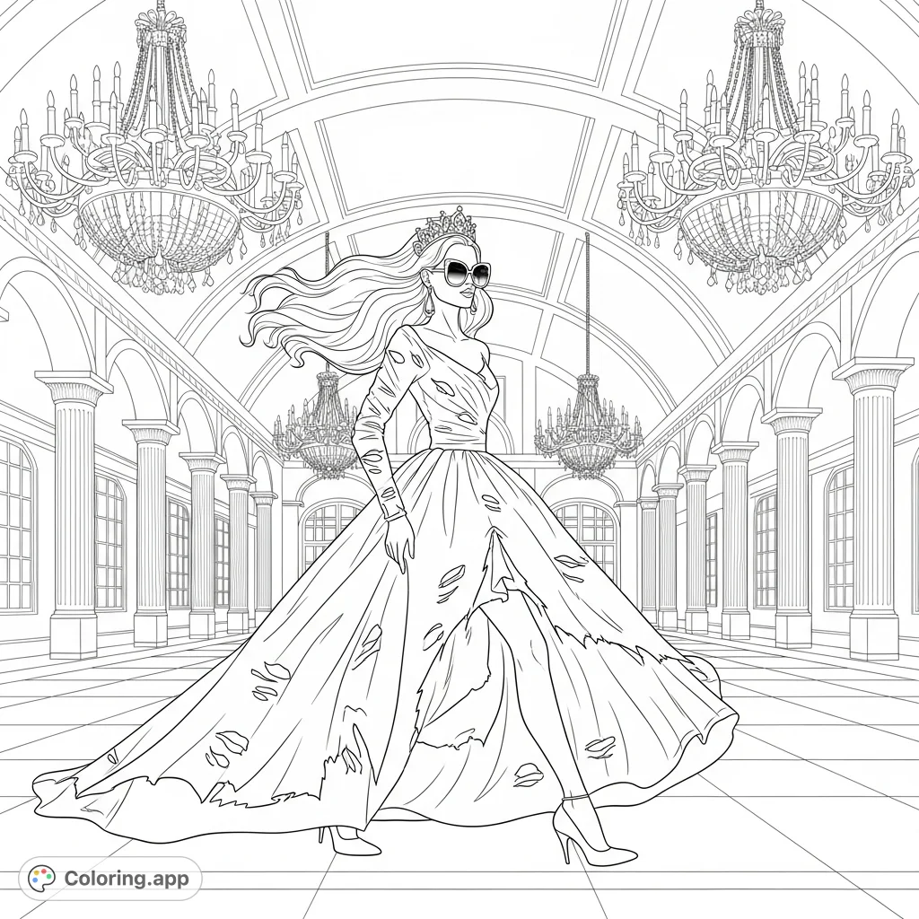 Capture the drama of a model in a tattered ballgown, mid-stride through a grand ballroom, complete with ornate chandeliers and polished floors.