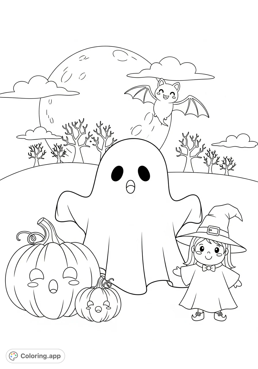 A delightful Halloween coloring page featuring a cute ghost, surprised pumpkins, a friendly witch, and a happy bat under a full moon. Perfect for festive fun!
