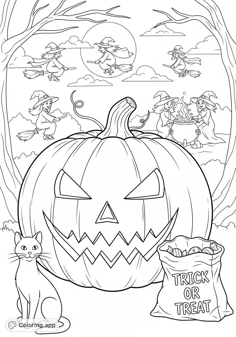 A scary Halloween pumpkin with a jagged face, cute witches flying and brewing, a watchful cat, and a trick or treat bag create a festive, spooky scene.