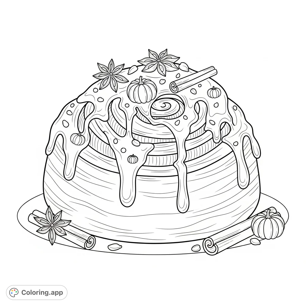 Indulge in the warmth of autumn with this delightful pumpkin spice cinnamon roll coloring page. Features intricate dough swirls and generous glaze.