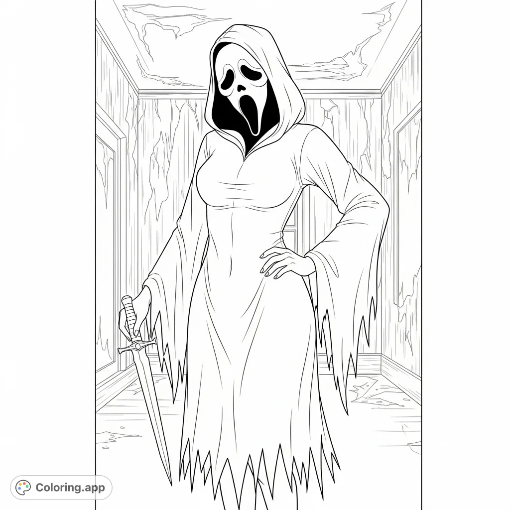 A captivating female Ghostface character in a dynamic pose, holding a blade in a shadowy hallway. Perfect for horror fans seeking a thrilling coloring experience.