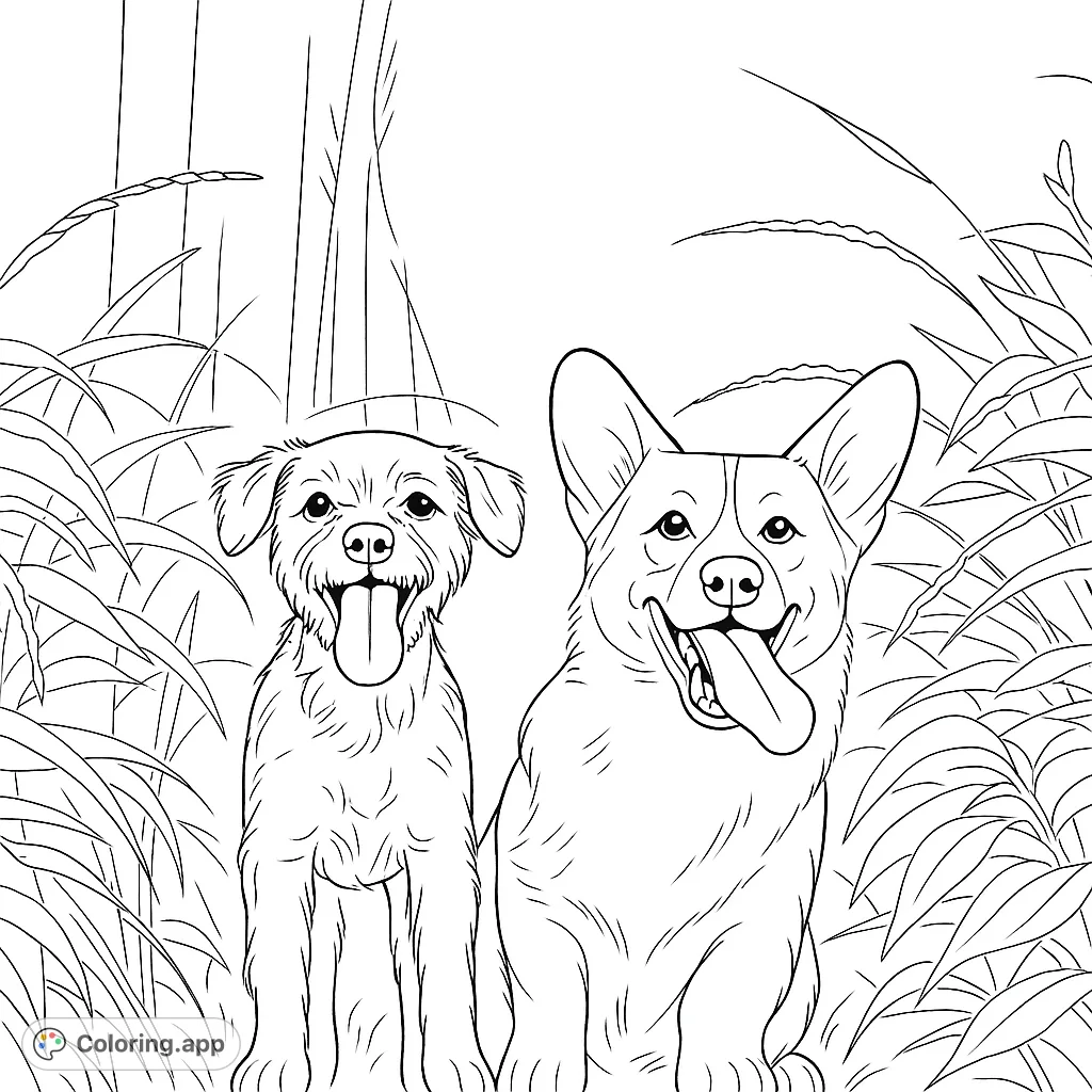 Two joyful dogs, a terrier and a Corgi, with happy expressions and wagging tongues, surrounded by natural foliage. A delightful scene for all ages.