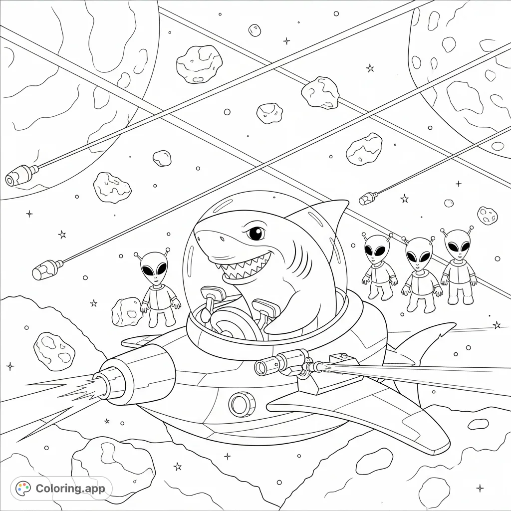 A thrilling space shark coloring page featuring a friendly shark in a spaceship, firing lasers amidst friendly aliens and space rocks. A fun, free printable coloring page for kids!