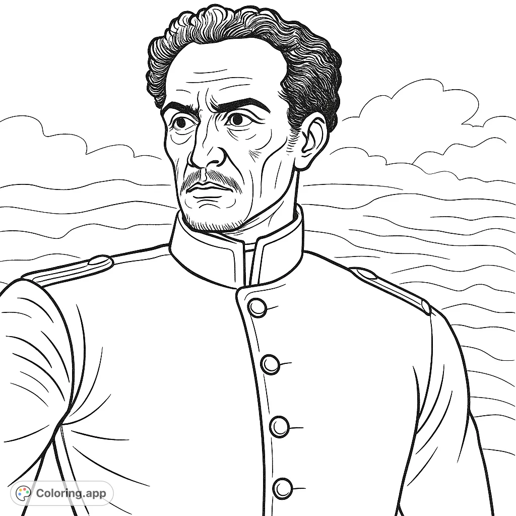 Color a powerful portrait of a historical military leader in uniform, featuring intricate details and a dramatic background. A captivating historical coloring page.