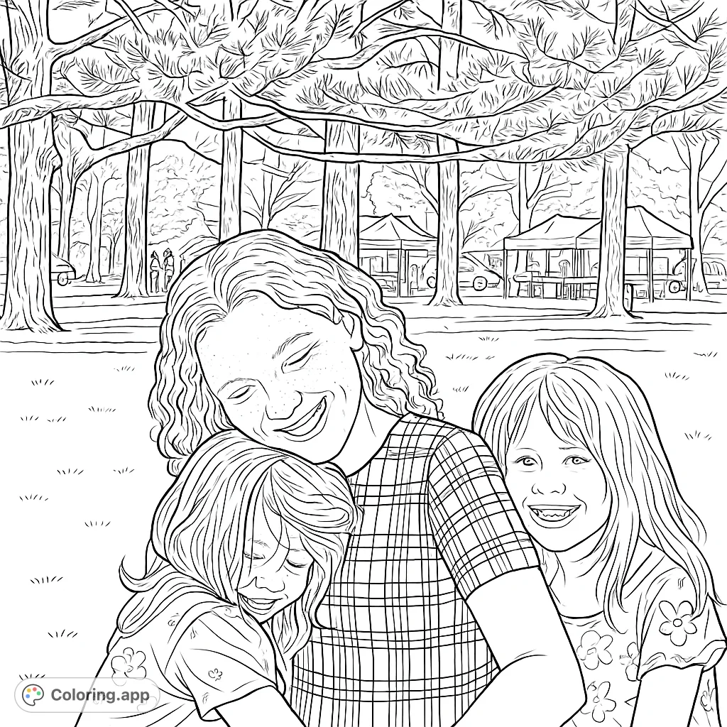 Capture a heartwarming moment of a woman embracing two smiling girls in a lively park setting. A beautiful scene of family affection and outdoor fun.