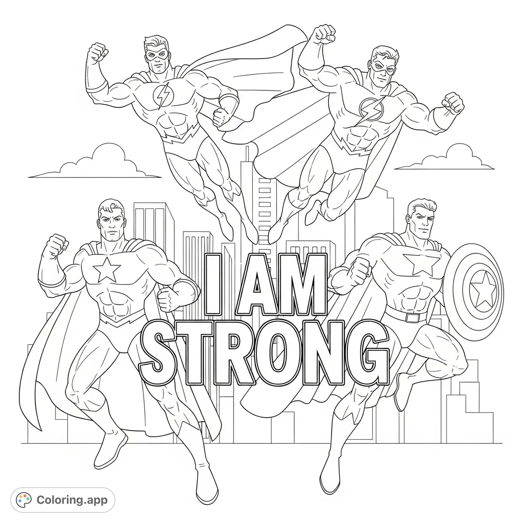 Empowering superhero coloring page featuring diverse heroes and the inspiring message 'I AM STRONG' amidst a dynamic cityscape. Perfect for young aspiring heroes!