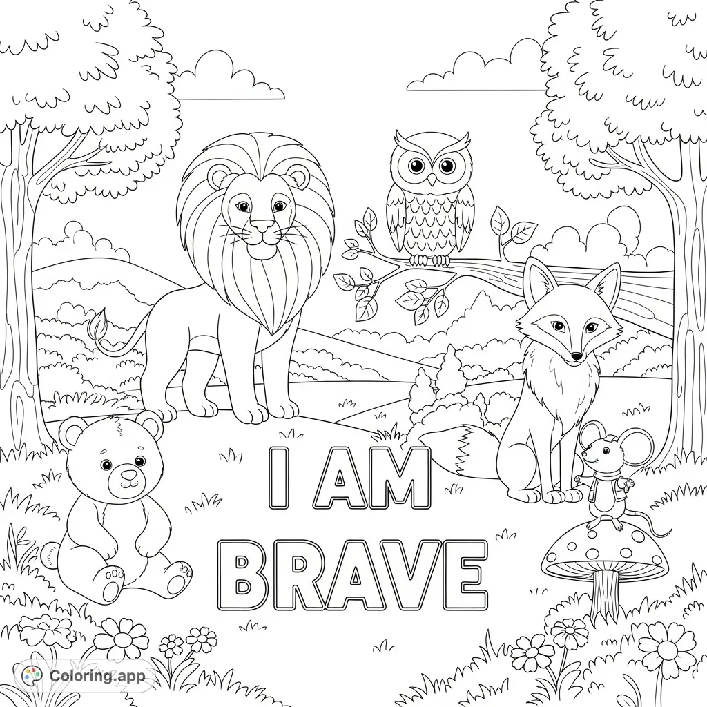 A heartwarming coloring page featuring a proud lion, wise owl, playful bear, determined fox, and courageous mouse, all surrounding the empowering words "I AM BRAVE".