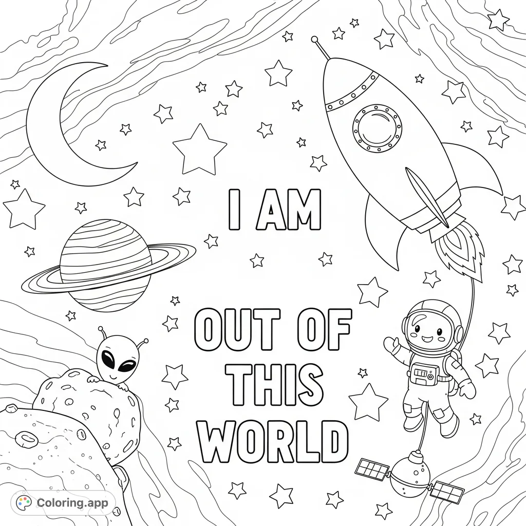 Explore a fun space coloring page with a friendly rocket, planets, stars, and an astronaut. Features "I AM OUT OF THIS WORLD" for an inspiring touch.
