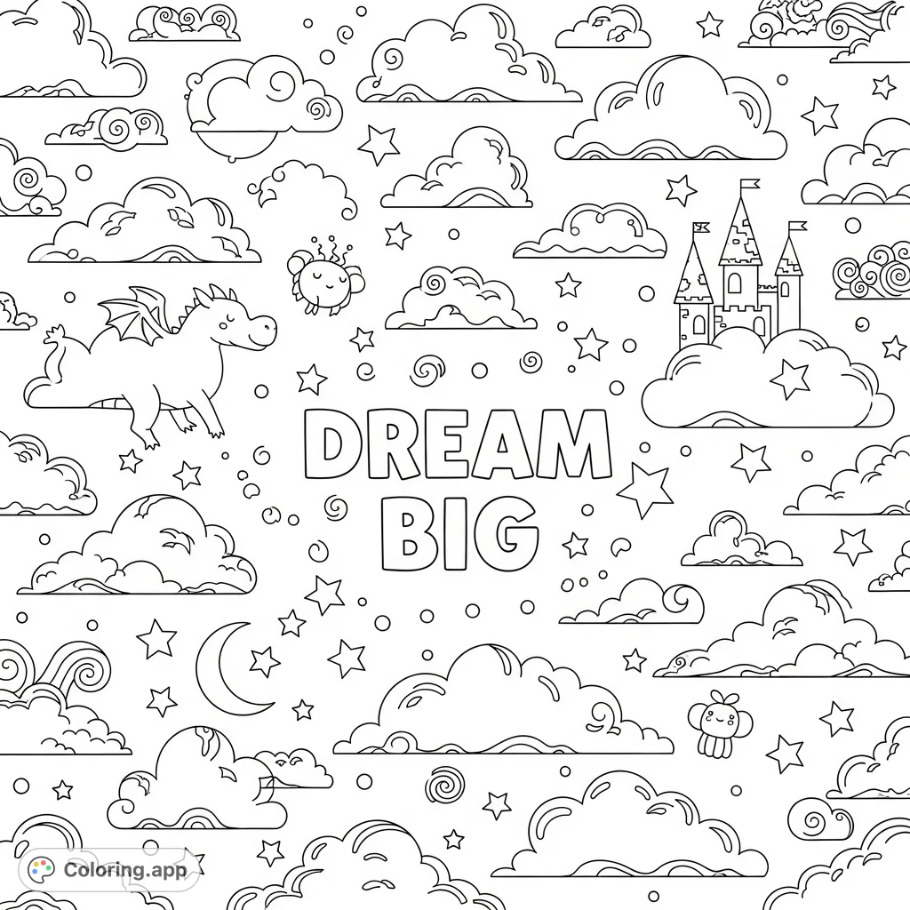 A delightful coloring page featuring fluffy clouds, stars, and whimsical creatures surrounding the inspiring phrase 'DREAM BIG'. Perfect for sparking creativity.