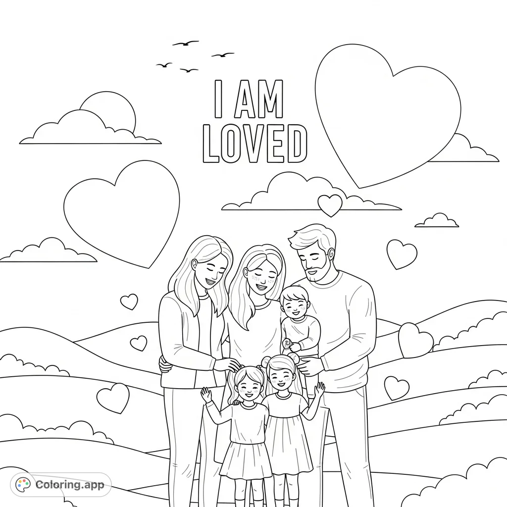 A heartwarming family coloring page featuring parents, children, and numerous hearts, with the affirming message 'I AM LOVED' at its core. Perfect for all ages.