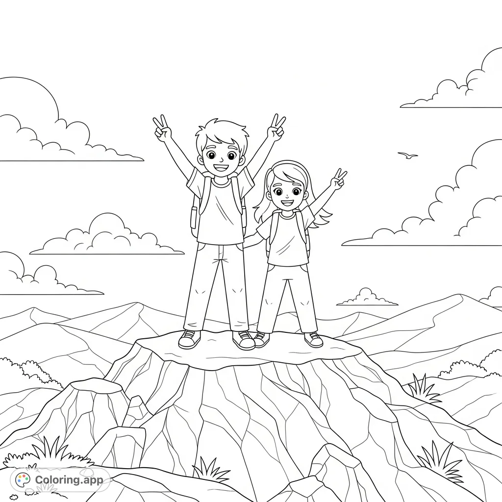 A joyful boy and girl celebrate on a mountain peak, arms raised in triumph. Perfect for a fun mountain peak coloring page adventure!