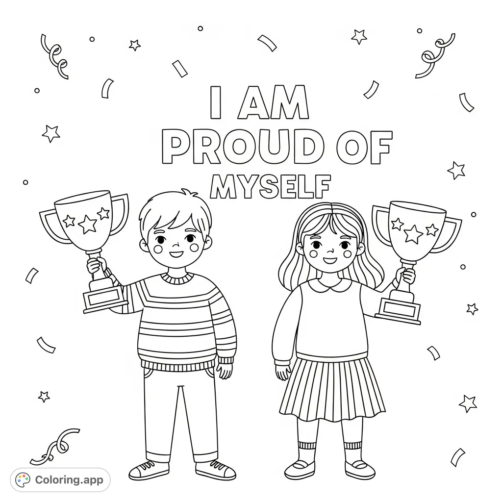 Celebrate success with this inspiring coloring page featuring a smiling boy and girl holding trophies, alongside the motivational phrase "I AM PROUD OF MYSELF".
