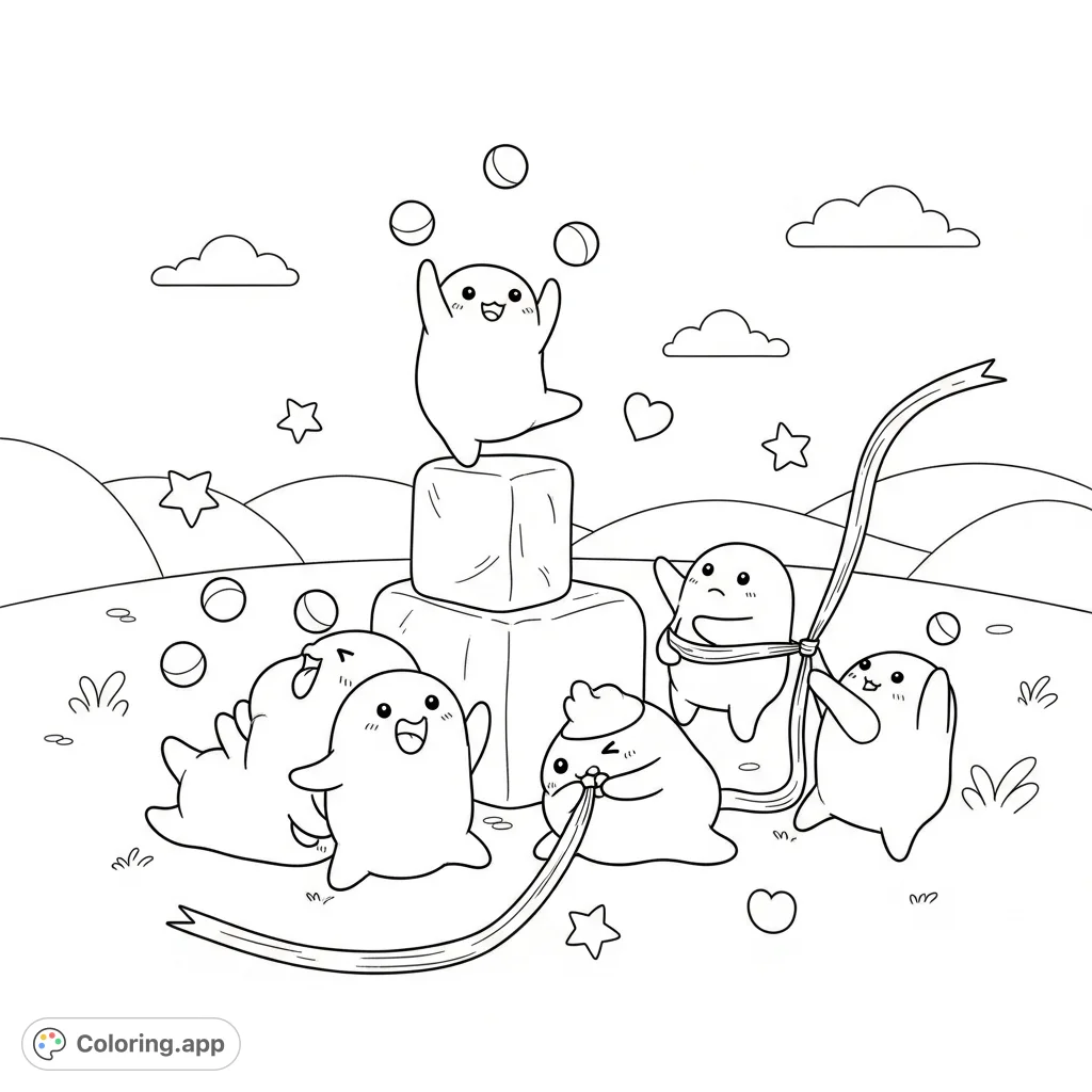 A whimsical coloring page featuring cute, blob-like creatures engaged in playful mischief amidst soft hills and scattered shapes.
