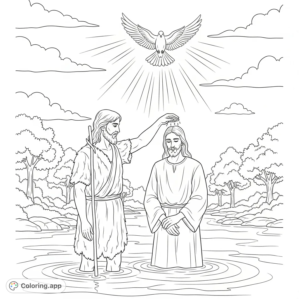 A serene Jesus Is Baptized coloring page depicting John the Baptist, Jesus, and a descending dove in the Jordan River, set against a simple nature background.