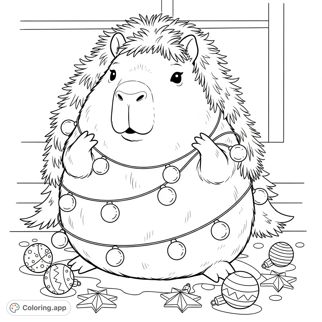 A charming Kawaii capybara tangled in Christmas decorations, featuring lights, tinsel, and ornaments. A delightful and free printable coloring page.