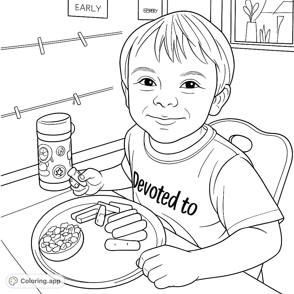 A delightful coloring page featuring a happy child enjoying a healthy snack at a table, complete with a plate of food and a fun beverage bottle. Perfect for young artists.