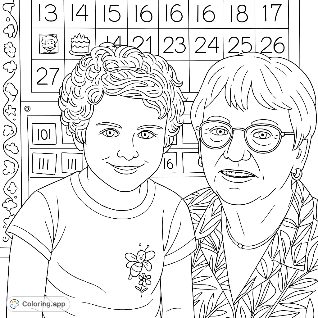Capture the warmth of a classroom moment with a smiling girl and her teacher/grandparent. A delightful scene perfect for all ages to color and enjoy.