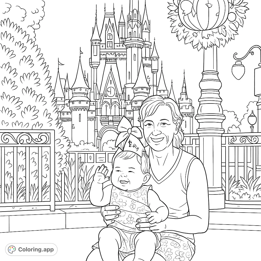 A heartwarming family portrait featuring a mother and baby in front of a majestic castle, surrounded by decorative elements. Perfect for a memorable coloring experience.