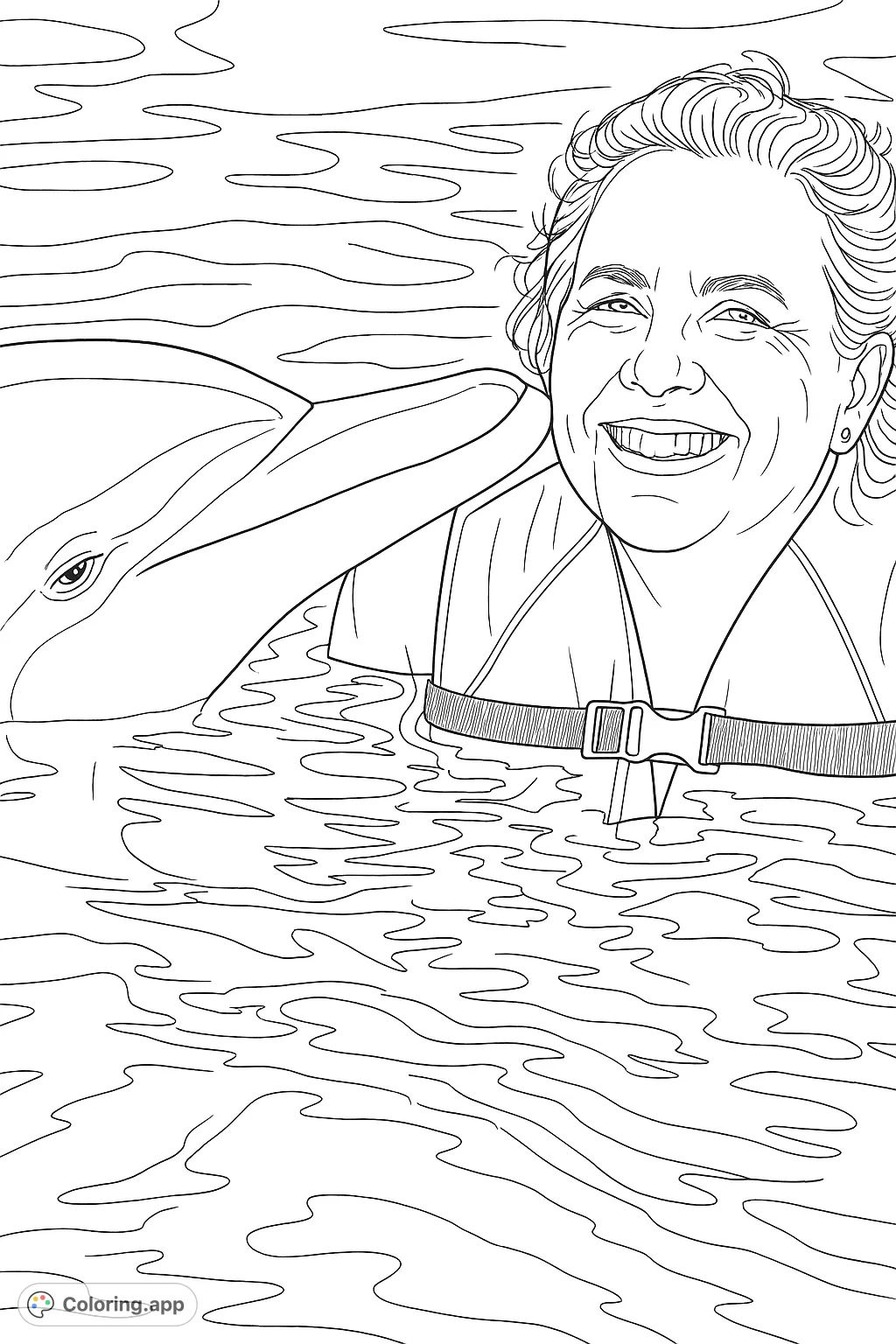 A joyful woman receives a gentle kiss from a friendly dolphin in clear water, capturing a heartwarming moment of connection and marine wonder.