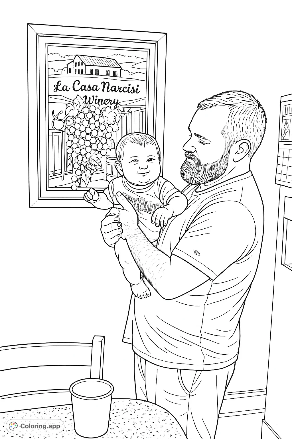 A heartwarming scene of a father holding his smiling baby, with a detailed framed artwork in the background, perfect for a family coloring page.
