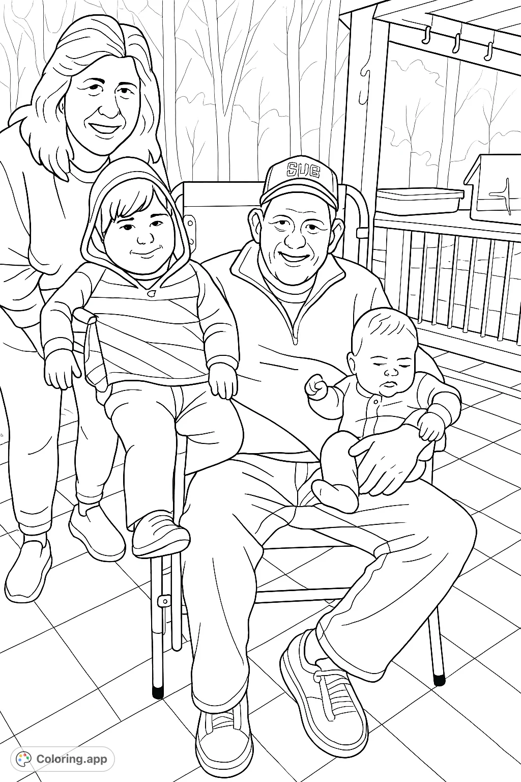 Capture a heartwarming family moment with this multi-generational portrait coloring page. Perfect for all ages, featuring a woman, man, toddler, and infant outdoors.
