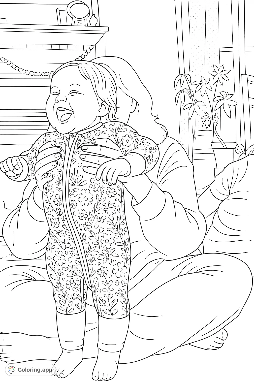 Capture the pure joy of a laughing baby in a charming floral romper, held by loving hands. A delightful scene perfect for a heartwarming coloring experience.